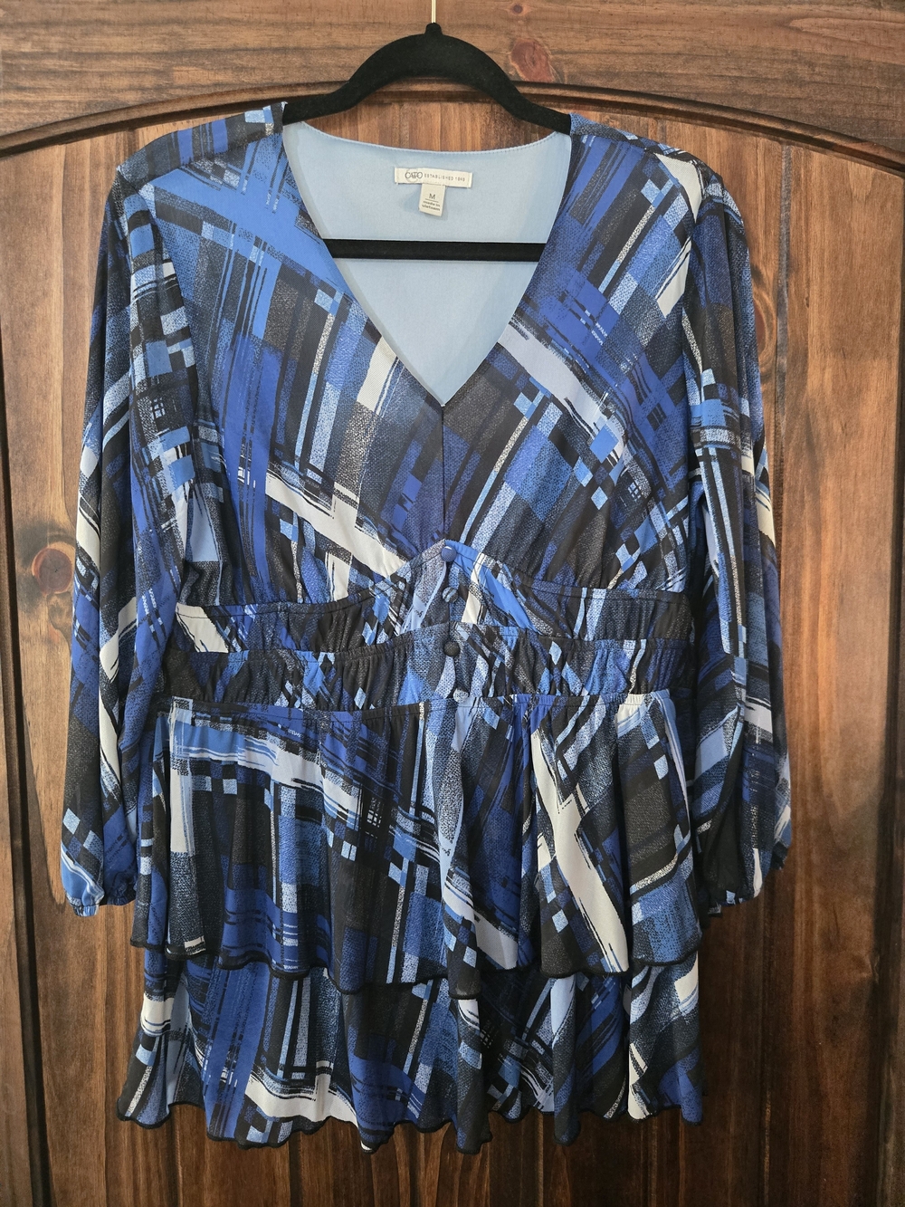 Cato Blue and Black Plaid V-Neck Peplum Tunic